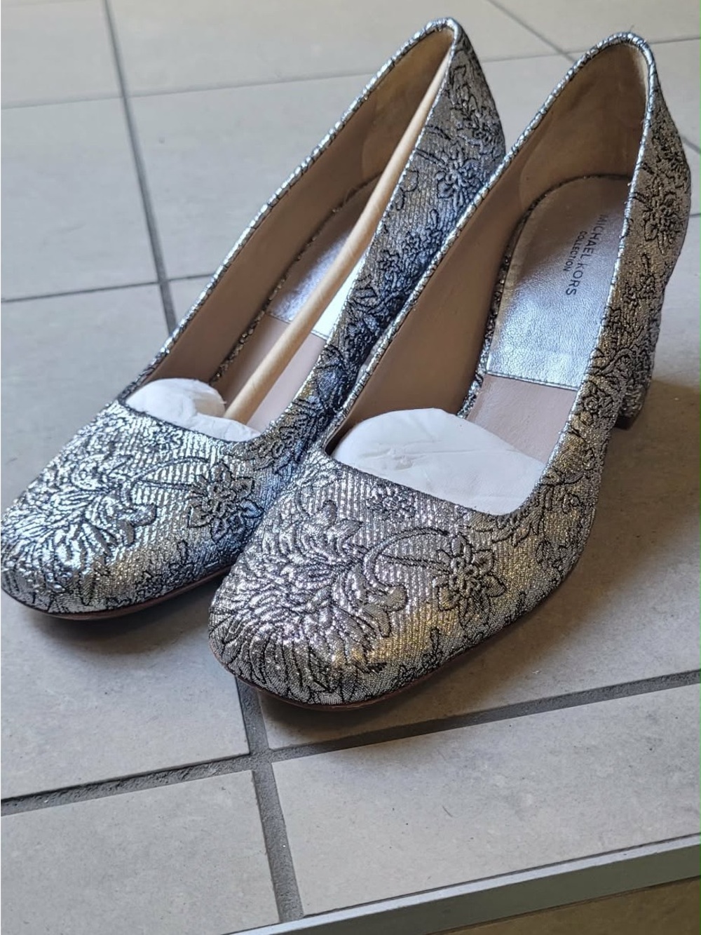 Michael  Collection Silver Floral Brocade Block Heel Pumps